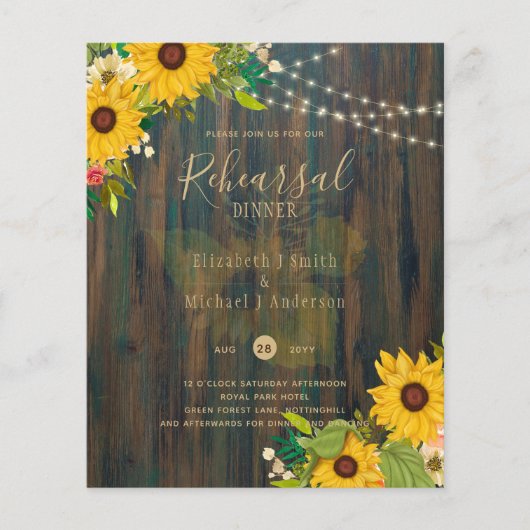 Zonnebloemen Rustic Wood Wedding REHEARSAL DINNER Flyer (Voorkant)