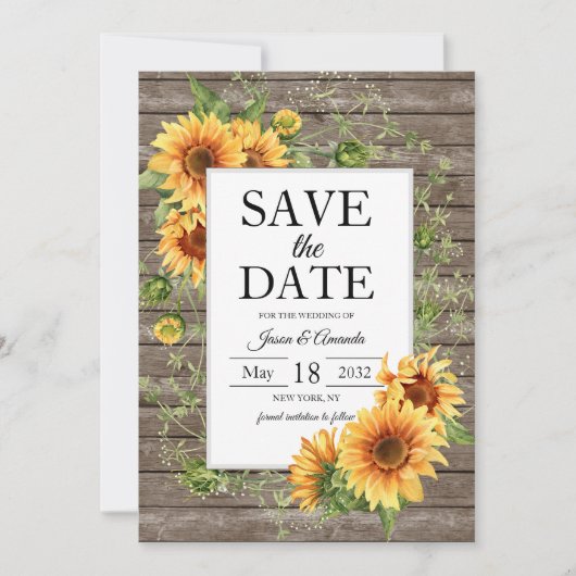 Zonnebloemen rustiek hout aangepaste bruiloft save the date (Voorkant)