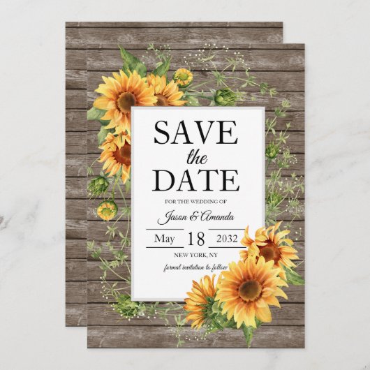 Zonnebloemen rustiek hout aangepaste bruiloft save the date (Voorkant / Achterkant)