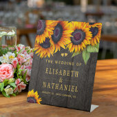 Zonnebloemen rustiek hout bruiloft goud welkomstbo reclamebord met voetstuk