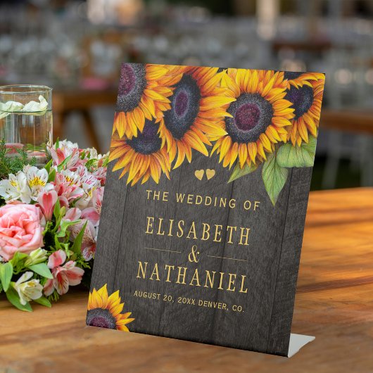 Zonnebloemen rustiek hout bruiloft goud welkomstbo reclamebord met voetstuk
