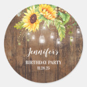 Zonnebloemen, rustiek hout en verlichting ronde sticker (Voorkant)