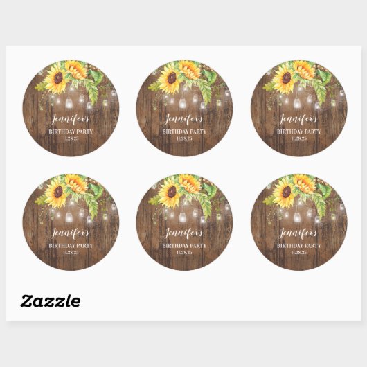 Zonnebloemen, rustiek hout en verlichting ronde sticker (Vel)