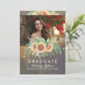 Zonnebloemen Rustiek Hout Foto Afstuderen Kaart (Staand voorkant)