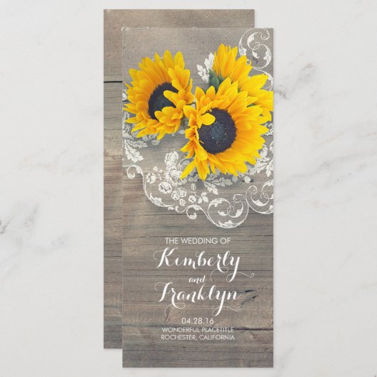 Zonnebloemen Rustiek Hout Kant Trouwprogramma's Programmakaart (Voorkant / Achterkant)