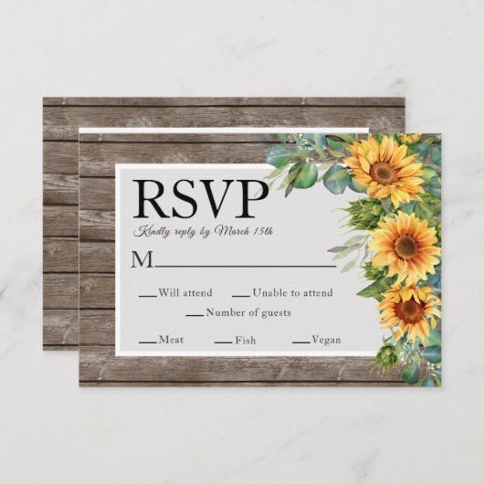 Zonnebloemen Rustiek Hout Wedding Website QR Code  RSVP Kaartje (Voorkant / Achterkant)