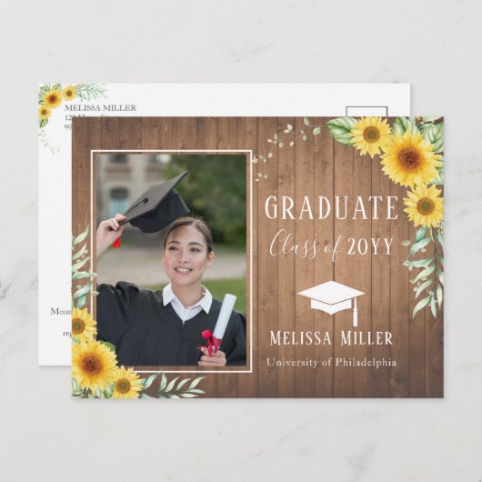 Zonnebloemen rustiek houten Afstuderen Feestdagenkaart (Voorkant / Achterkant)