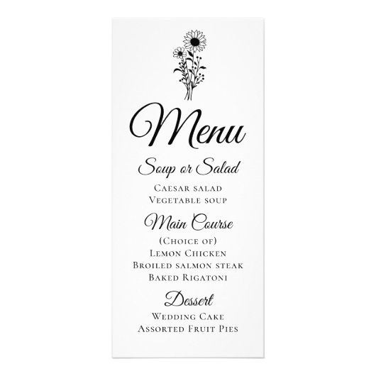 Zonnebloemen Rustiek Zwart Wit Bloemen Trouwmenu Reclamekaart (Voorkant)