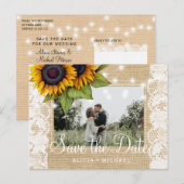 Zonnebloemen rustieke boerlap plaats save date bru aankondigingskaart (Voorkant / Achterkant)