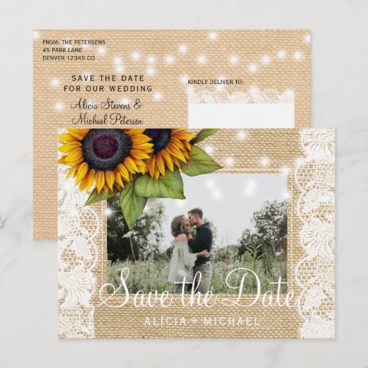 Zonnebloemen rustieke boerlap plaats save date bru aankondigingskaart (Voorkant / Achterkant)