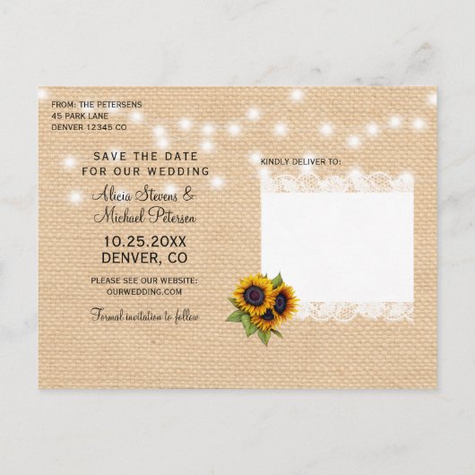 Zonnebloemen rustieke boerlap plaats save date bru aankondigingskaart (Achterkant)