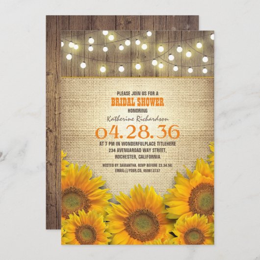 Zonnebloemen rustieke bruids douche uitnodigingen (Voorkant / Achterkant)