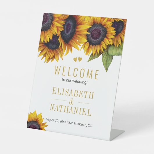 Zonnebloemen rustieke bruiloft gouden script welko reclamebord met voetstuk (Voorkant)