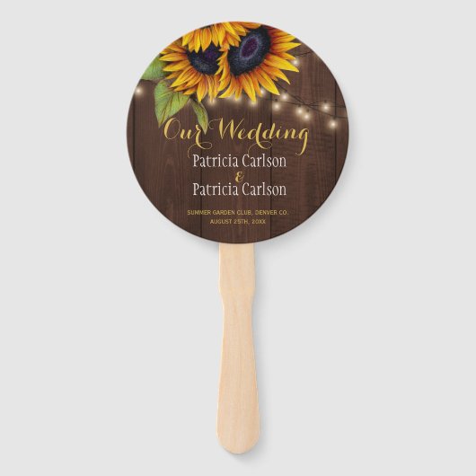 Zonnebloemen rustieke bruine schuur hout bruiloft handwaaier (Voorkant)