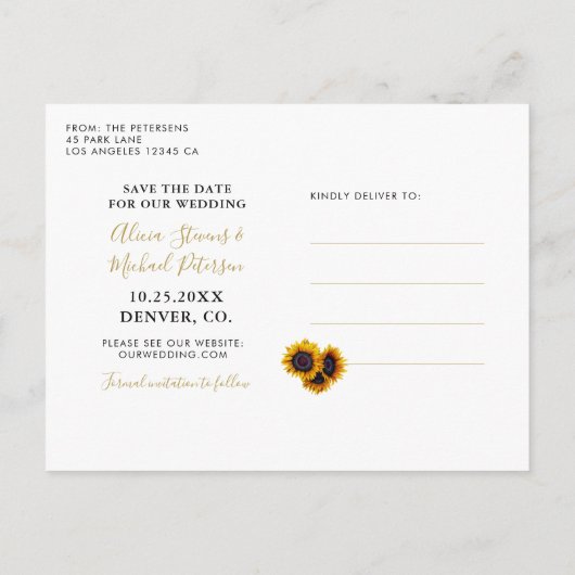Zonnebloemen rustieke chique script save date brui aankondigingskaart (Achterkant)