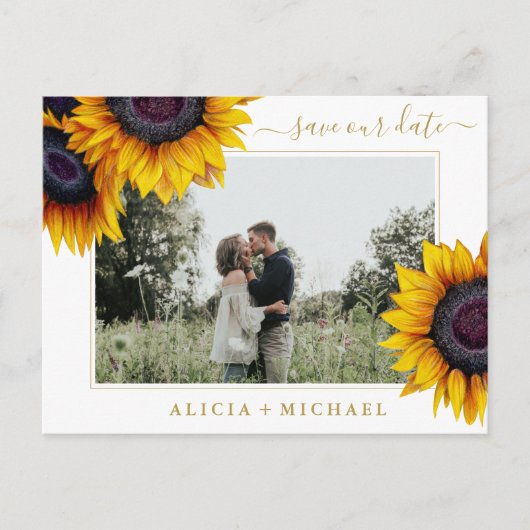 Zonnebloemen rustieke chique script save date brui aankondigingskaart (Voorkant)