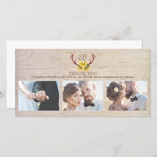 Zonnebloemen Rustieke herten gewei bruiloft Dank u Bedankkaart (Voorkant / Achterkant)