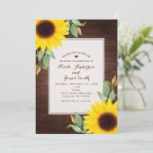 Zonnebloemen Rustieke Hout Elegante Landelijke Bru Kaart (Staand voorkant)