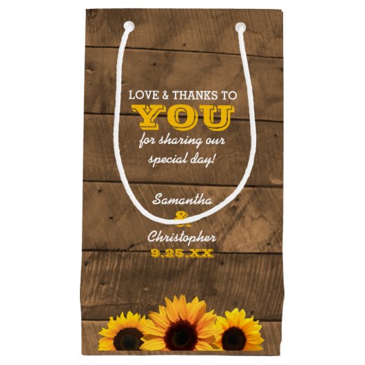 Zonnebloemen & rustieke houten bruiloft gast klein cadeauzakje (Voorkant)