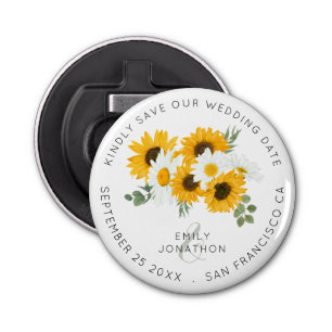 Zonnebloemen rustieke Keepsake Floral Save the Dat Button Flesopener