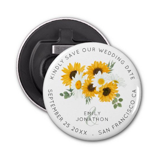 Zonnebloemen rustieke Keepsake Floral Save the Dat Button Flesopener (Voorkant)