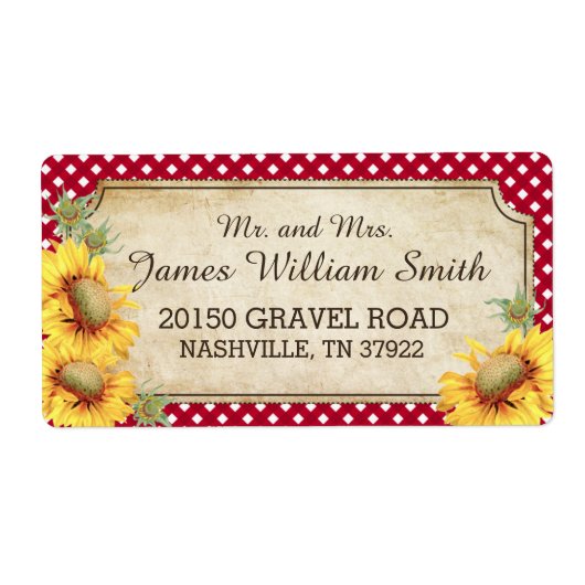 Zonnebloemen rustieke land picknick bruiloft label (Voorkant)