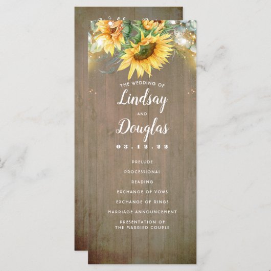 Zonnebloemen rustieke landelijke herfst bruiloft p programmakaart (Voorkant / Achterkant)