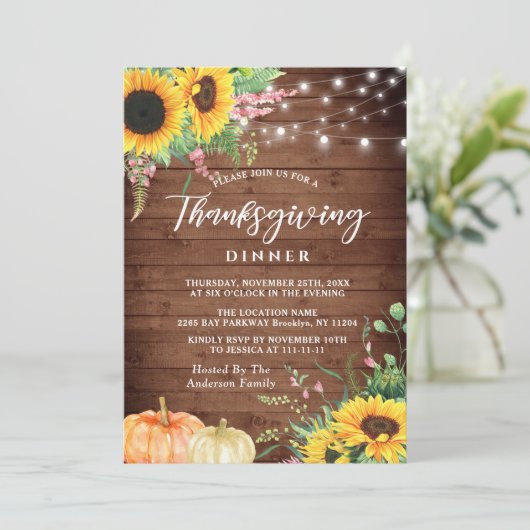 Zonnebloemen Rustieke Thanksgiving Diner Invitatio Kaart (Staand voorkant)