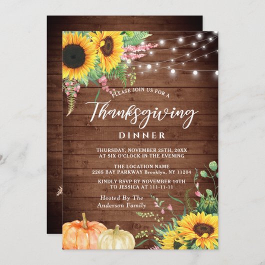 Zonnebloemen Rustieke Thanksgiving Diner Invitatio Kaart (Voorkant / Achterkant)