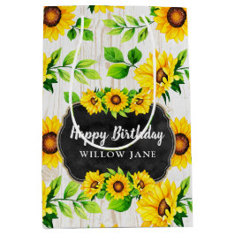 Zonnebloemen & Rustige houten Patroon Eigen naam Medium Cadeauzakje