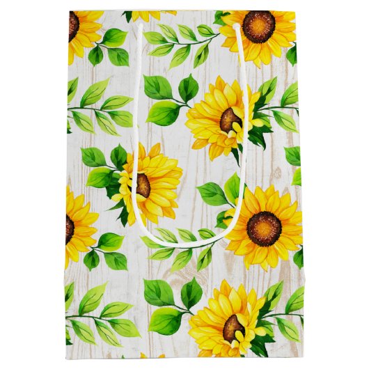 Zonnebloemen & Rustige houten Patroon Eigen naam Medium Cadeauzakje (Achterkant)