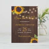 Zonnebloemen, rustige lampen, met een bruinhout save the date (Staand voorkant)