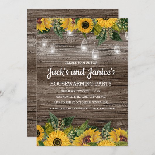 Zonnebloemen Rustisch Hood String Licht Housewarmi Kaart (Voorkant / Achterkant)