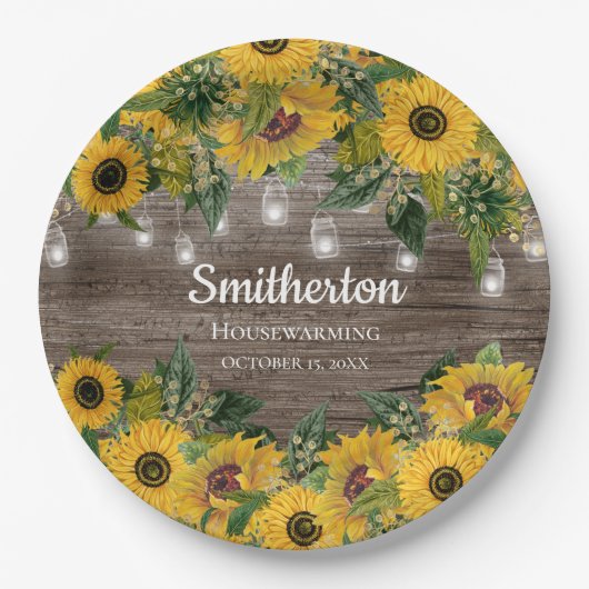 Zonnebloemen Rustisch Hood String Licht Housewarmi Papieren Bordje (Voorkant)