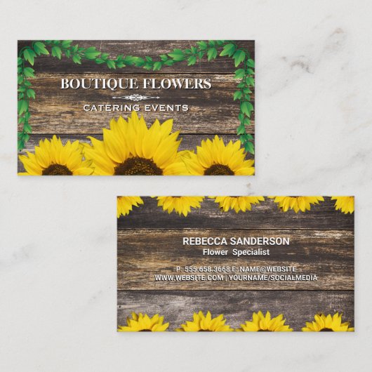 Zonnebloemen | Rustisch hout en wijnstokken Visitekaartje (Voorkant / Achterkant)