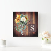 Zonnebloemen Rustisch Hout Eucalyptus Leaves Monog Vierkante Klok (Huis)