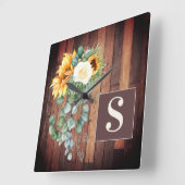 Zonnebloemen Rustisch Hout Eucalyptus Leaves Monog Vierkante Klok (Hoek)