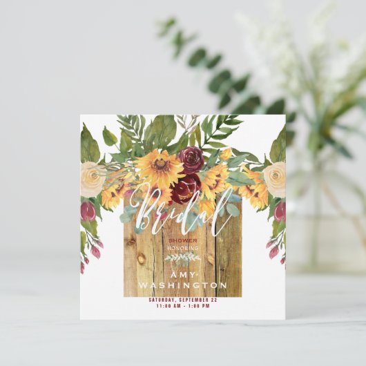 Zonnebloemen Rustisch Vrijgezellenfeest met houten Kaart (Staand voorkant)