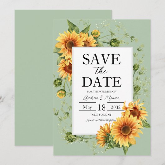 Zonnebloemen Salie Groene Trouw Save The Date (Voorkant / Achterkant)
