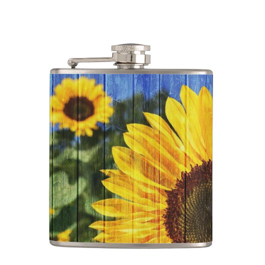 Zonnebloemen Schilderd hek Heupfles (Voorkant)