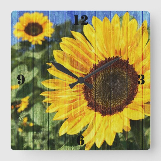 Zonnebloemen Schilderd hek Vierkante Klok (Voorkant)