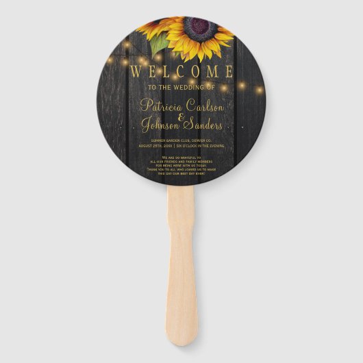Zonnebloemen schuur hout gouden script bruiloft ce handwaaier (Voorkant)