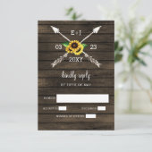 Zonnebloemen Schuur hout land chique bruiloft RSVP Kaartje (Staand voorkant)