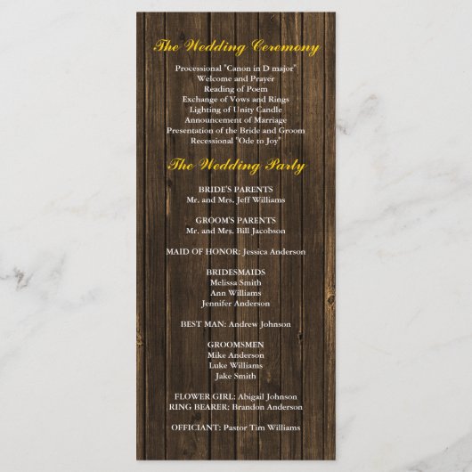 Zonnebloemen Schuur Hout Wedding Programma Programmakaart (Achterkant)