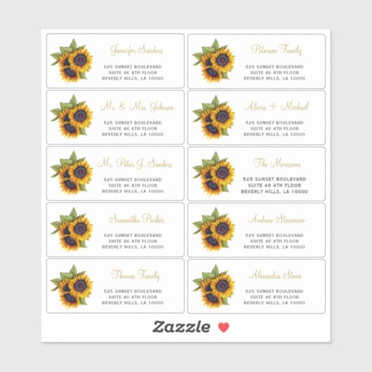 Zonnebloemen script individuele gast adresetikette sticker (Vel)