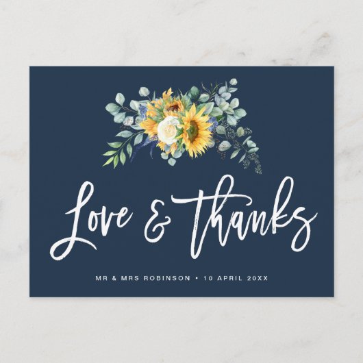 Zonnebloemen Script Navy Blue bruiloft dank u kaar Briefkaart (Voorkant)