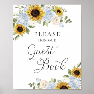 Zonnebloemen Stof Blauw Groene Huwelijks Gastboek Poster