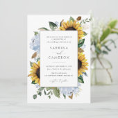 Zonnebloemen Stof Blauwe Bloemen Elegante Trouw Kaart (Staand voorkant)