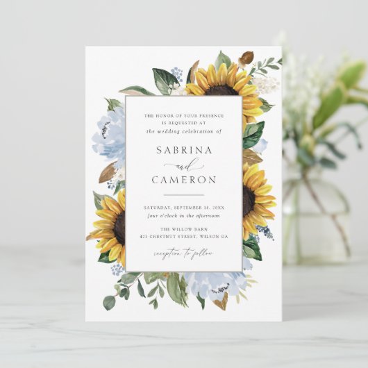 Zonnebloemen Stof Blauwe Bloemen Elegante Trouw Kaart (Staand voorkant)