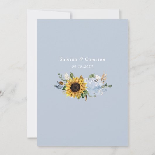 Zonnebloemen Stof Blauwe Bloemen Elegante Trouw Kaart (Achterkant)